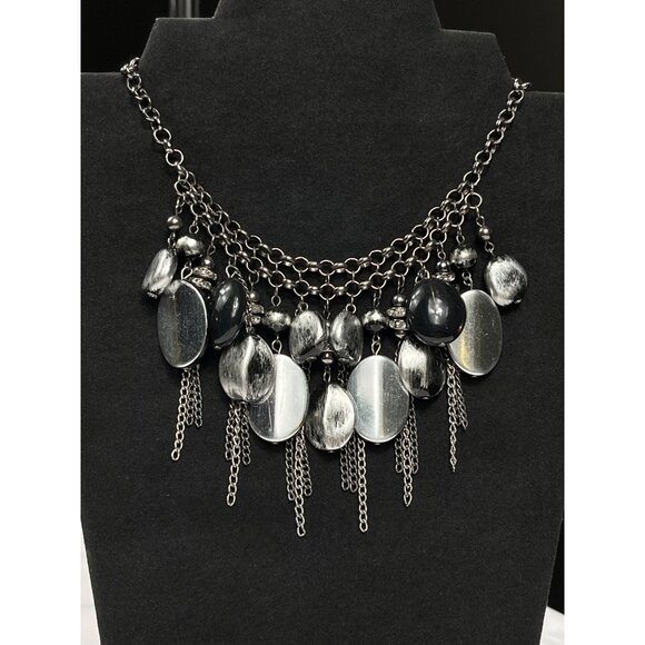 Vintage Premier Designs SKU 014 Chunky Silver Black Oval Beaded Statement Neckla - Picture 2 of 7